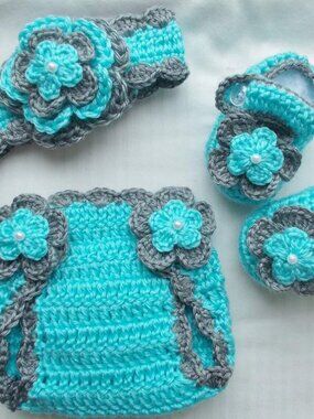 Crochet Baby Girl Headband Diaper Cover Outfit Photo Prop